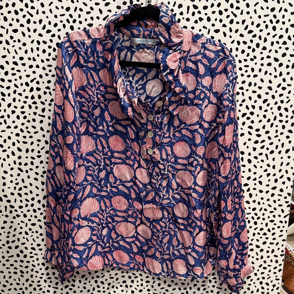 Chic Silk Le Bazar Coastal Floral Button Down Shirt in Blue and Pink